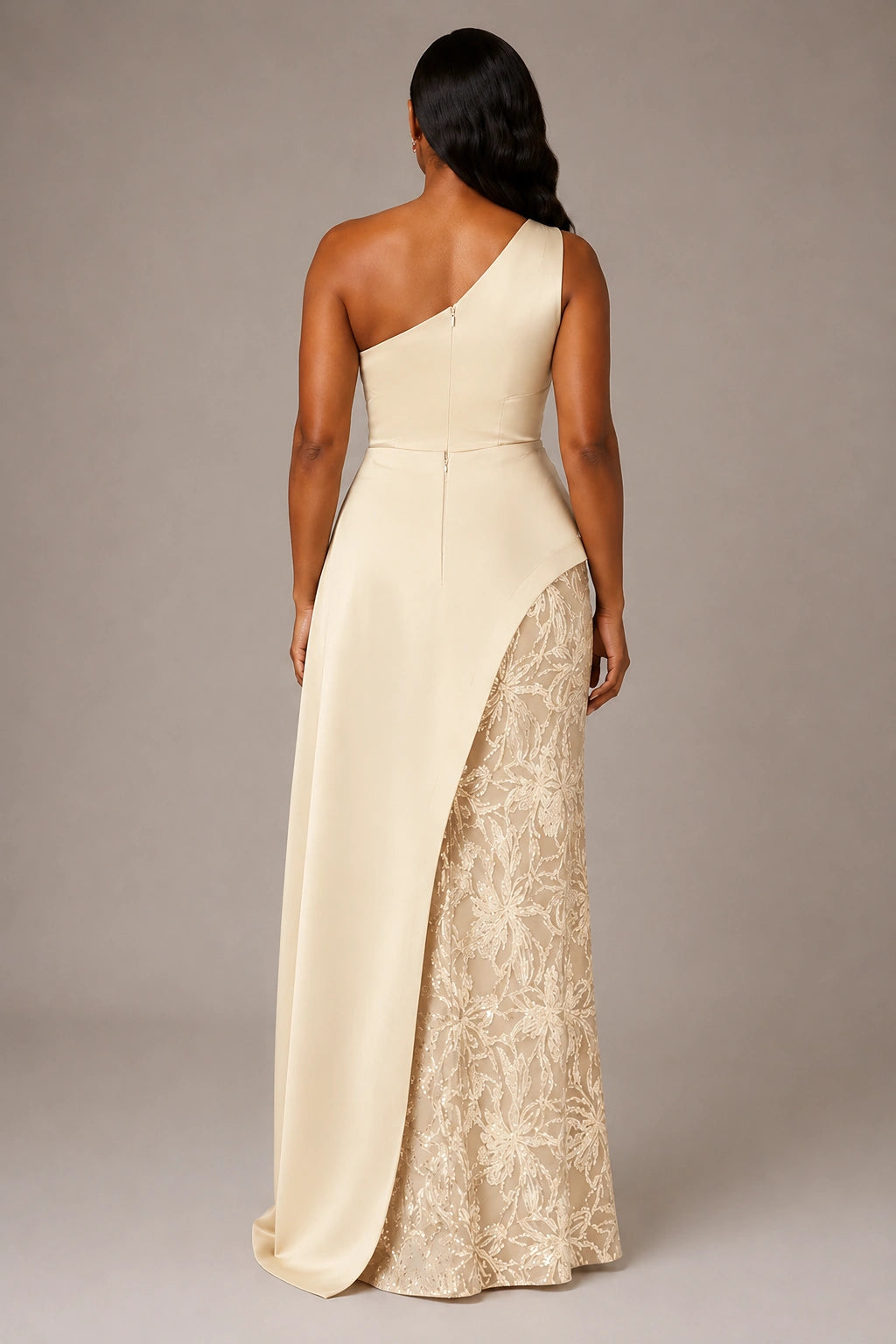 One-Shoulder Mother of the Bride Dress with Sequin Skirt and Peplum