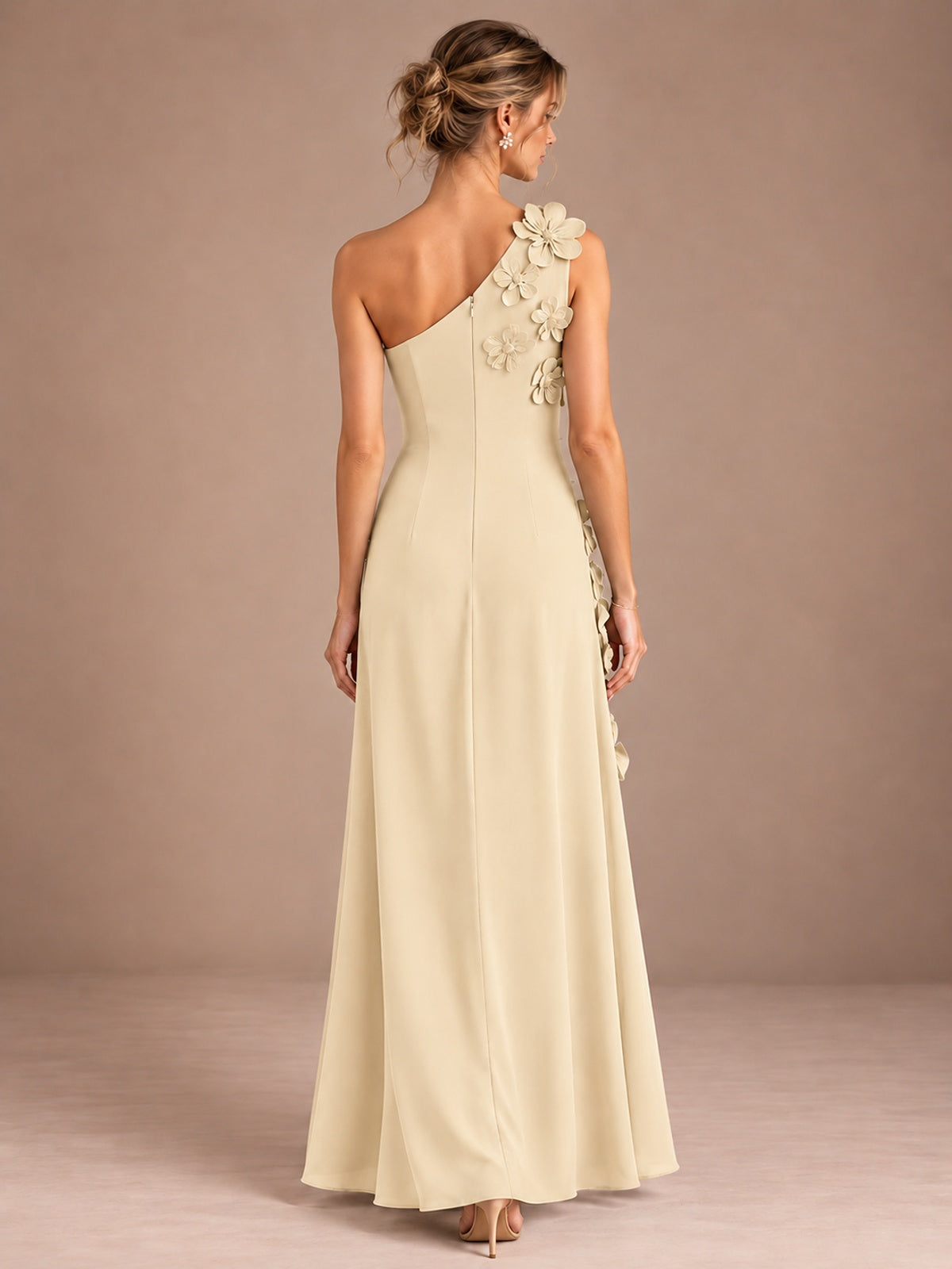 Sage Green One Shoulder Satin Formal Maxi Dress with 3D Floral