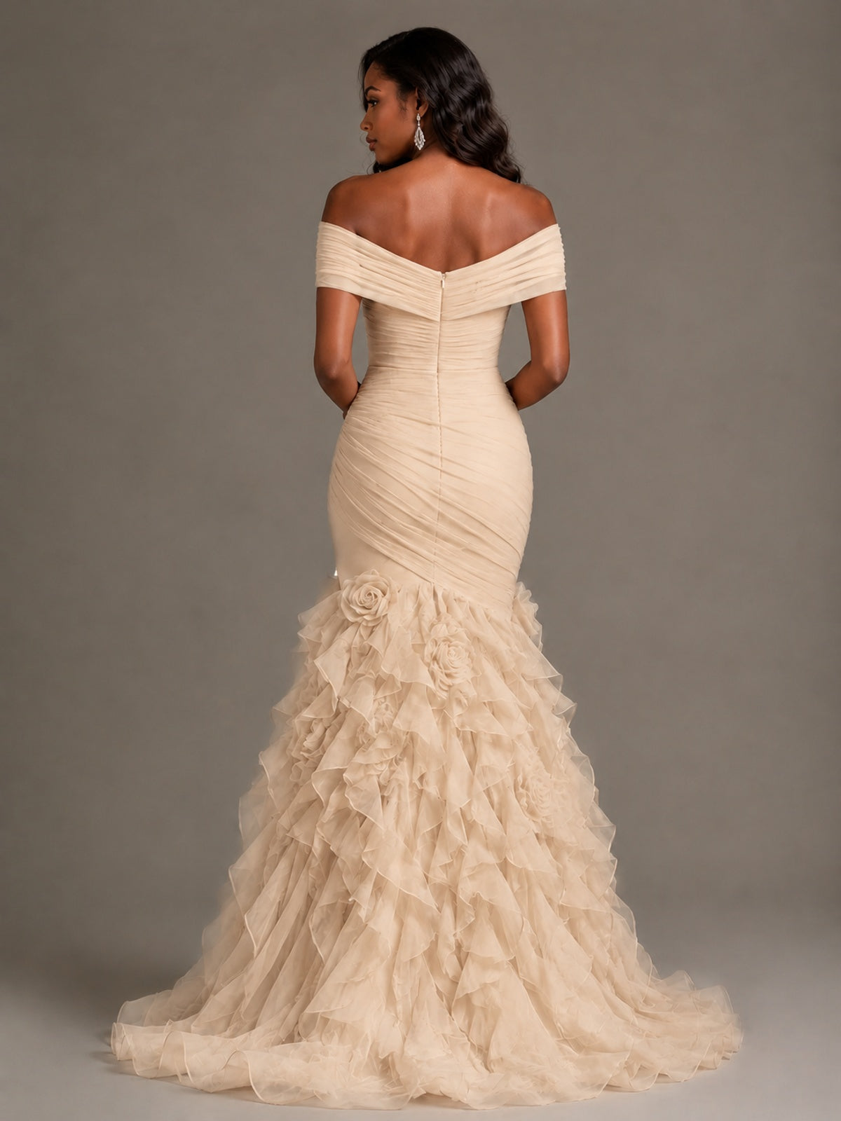 Pink Off-the-Shoulder Mermaid Prom Dress with Ruffles 3D Flowers