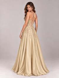 Lace Applique Satin A-Line Prom Dress with Sheer Bodice