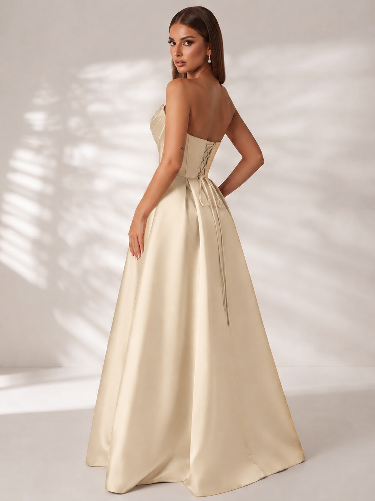 Strapless Corset Satin Prom Dress Long Evening Gown with High Slit