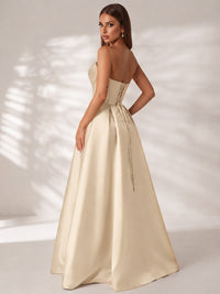 Strapless Corset Satin Prom Dress Long Evening Gown with High Slit