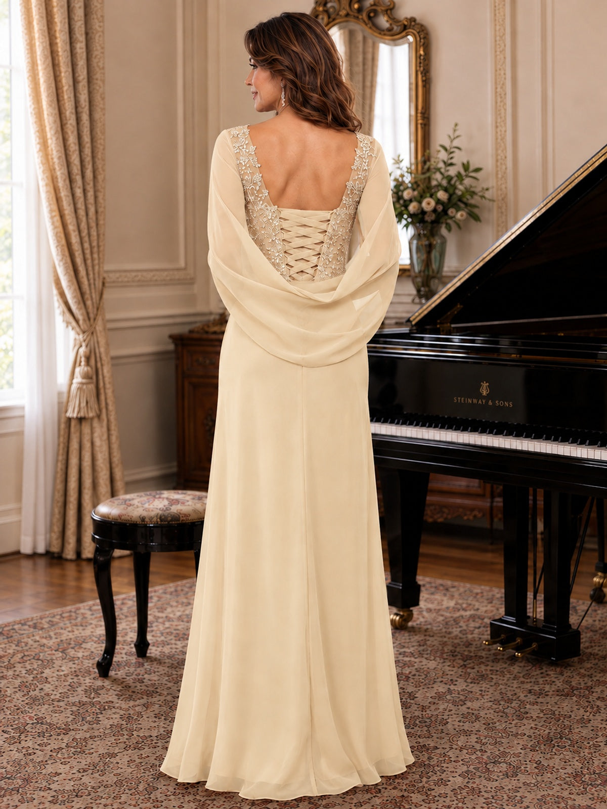 Elegant Applique Chiffon Mother of the Bride Dress with Cape Sleeves