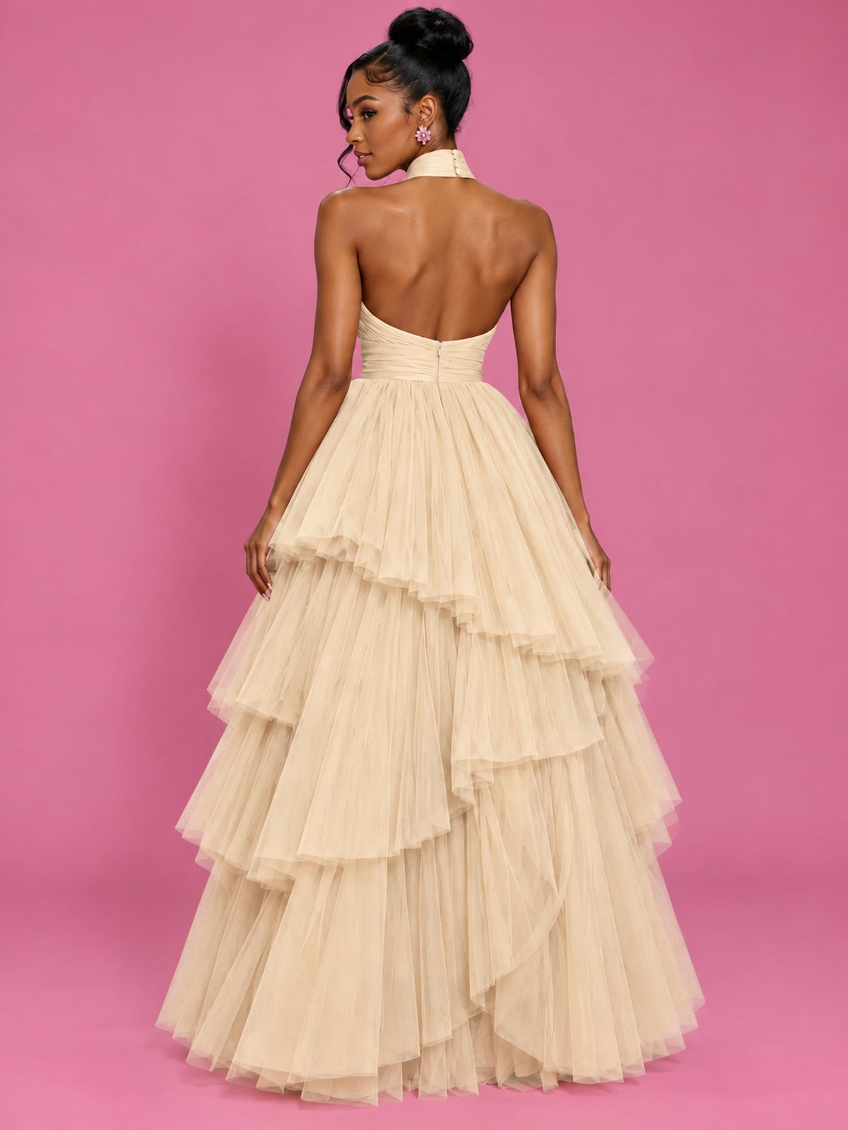Hot Pink Tulle Halter Neck Tiered Ruffle Maxi Dress