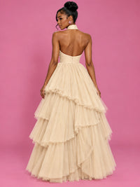 Hot Pink Tulle Halter Neck Tiered Ruffle Maxi Dress