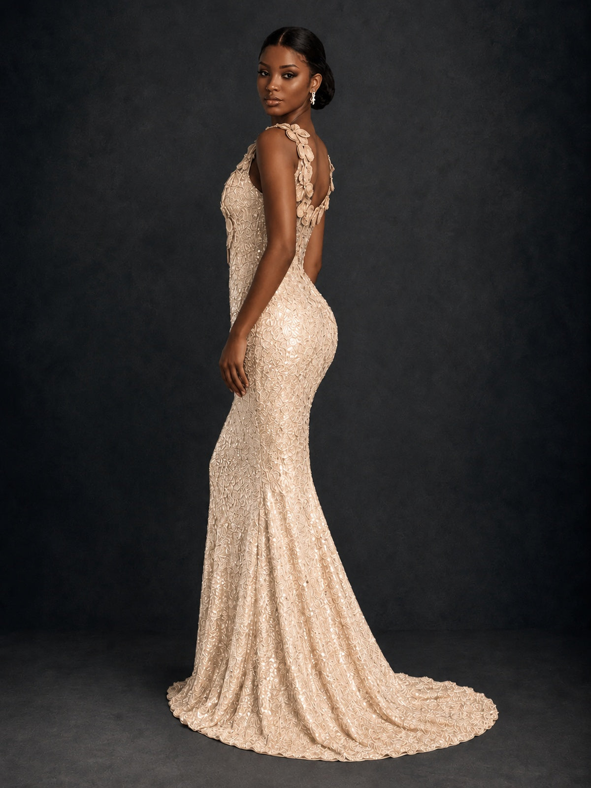 Gold Sequin Floral Applique Mermaid Prom Dress