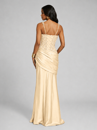 Scoop Neck Sequin Prom Dress with High Slit Satin Formal Gowns