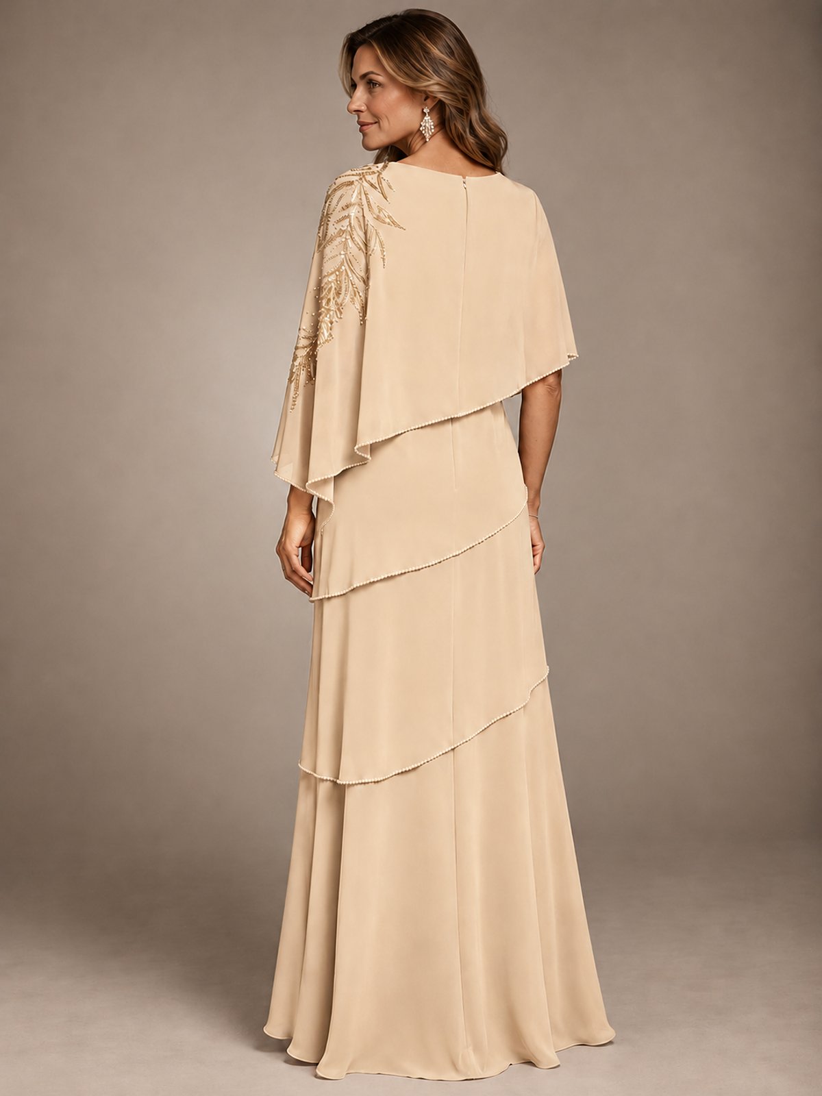 Elegant Chiffon Cape Sleeve Beaded Mother of the Bride Dress