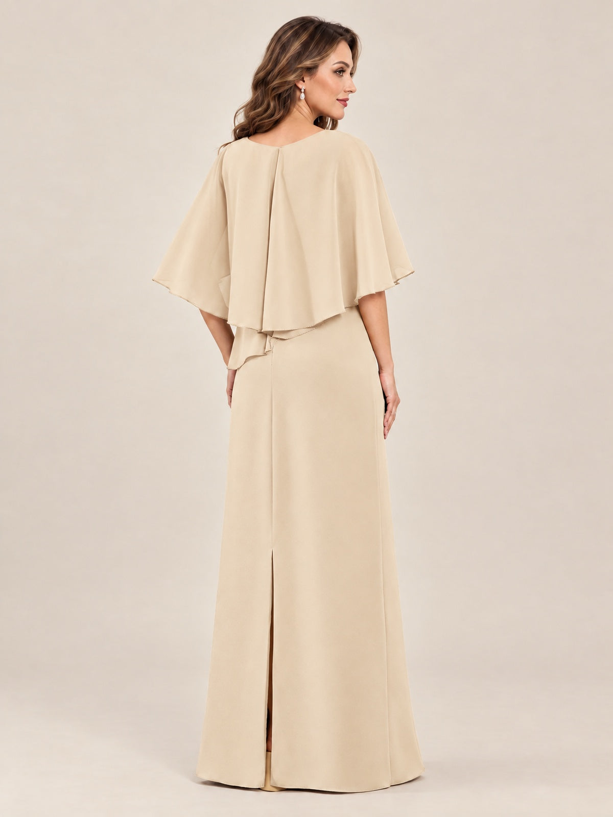 Cape Sleeve Mother of the Bride Dress with Asymmetrical Overlay