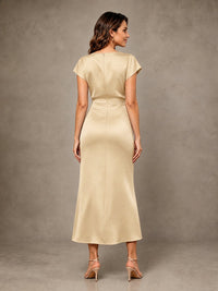 Cowl Neck Satin Mother of the Bride Dress with Ruched Waist