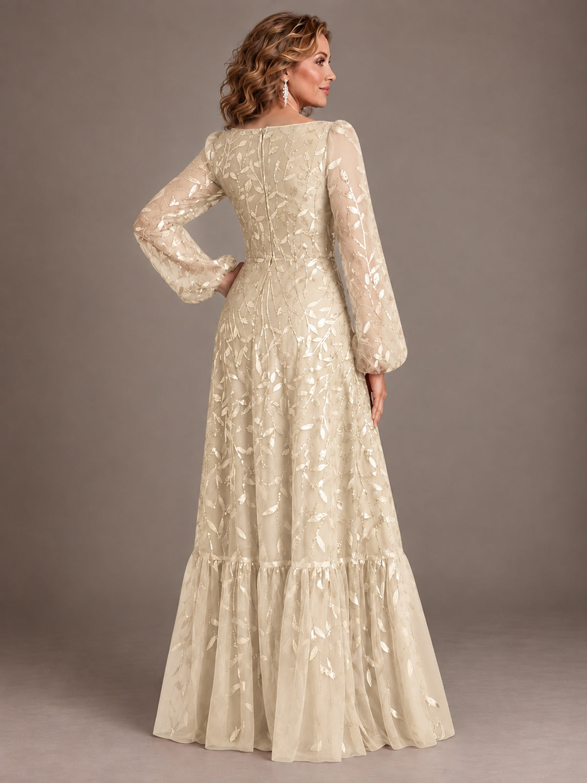 Floral Sequin Embroidered A-Line Mother of the Bride Dress with Long Sleeves