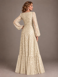 Floral Sequin Embroidered A-Line Mother of the Bride Dress with Long Sleeves