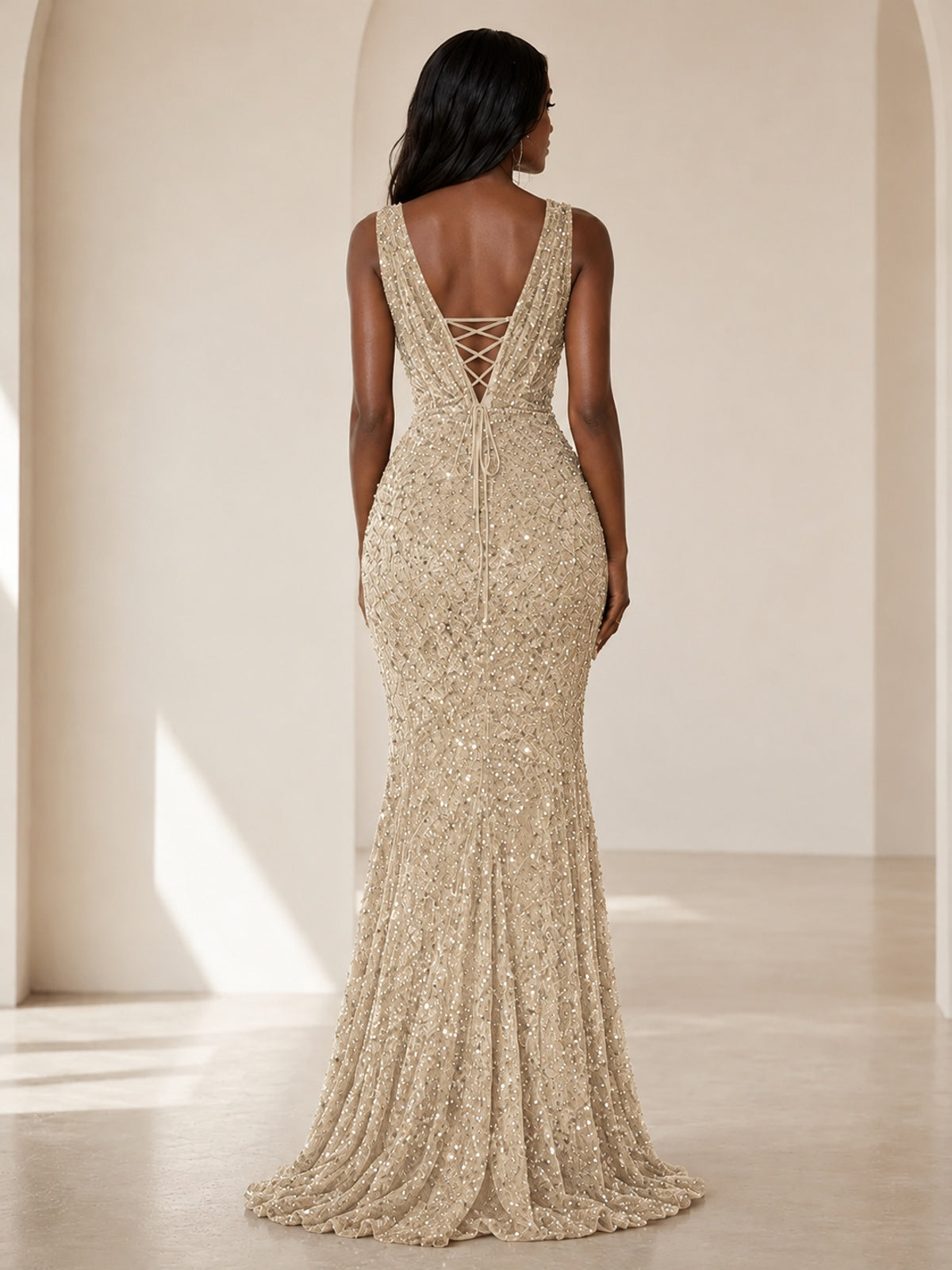 Sequin Mermaid Prom Dress with V-Neck and Ruched Waist