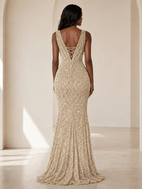 Sequin Mermaid Prom Dress with V-Neck and Ruched Waist