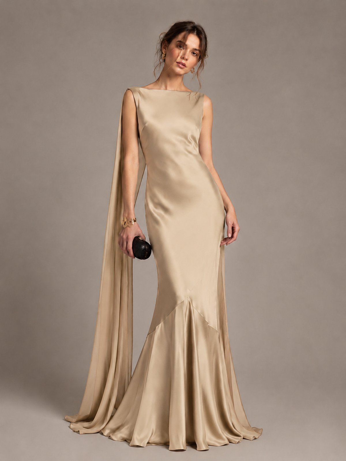 Burgundy Satin Mermaid Cape Maxi Dress