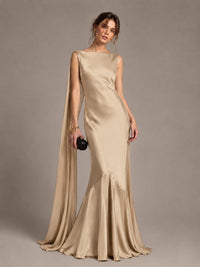 Burgundy Satin Mermaid Cape Maxi Dress