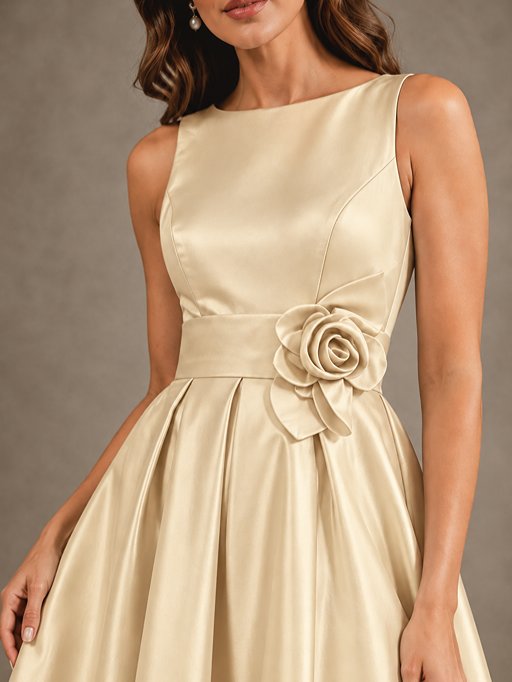 Tea-Length Satin Mother of the Bride Dress with 3D Flower Detail