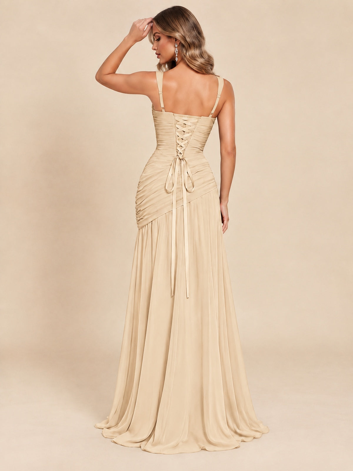 Wrap Pleated Prom Dress Scoop Neck with Slit Women Wedding Formal Dress