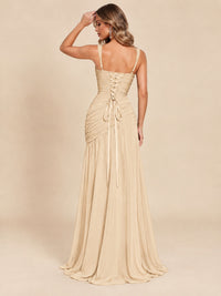 Wrap Pleated Prom Dress Scoop Neck with Slit Women Wedding Formal Dress