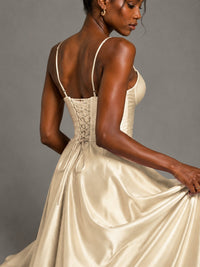 Lavender V Neck Satin Prom Dress with Spaghetti Straps