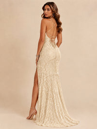 Sequin Lace Appliques Mermaid Prom Dress Spaghetti Strap Formal Gowns with Slit
