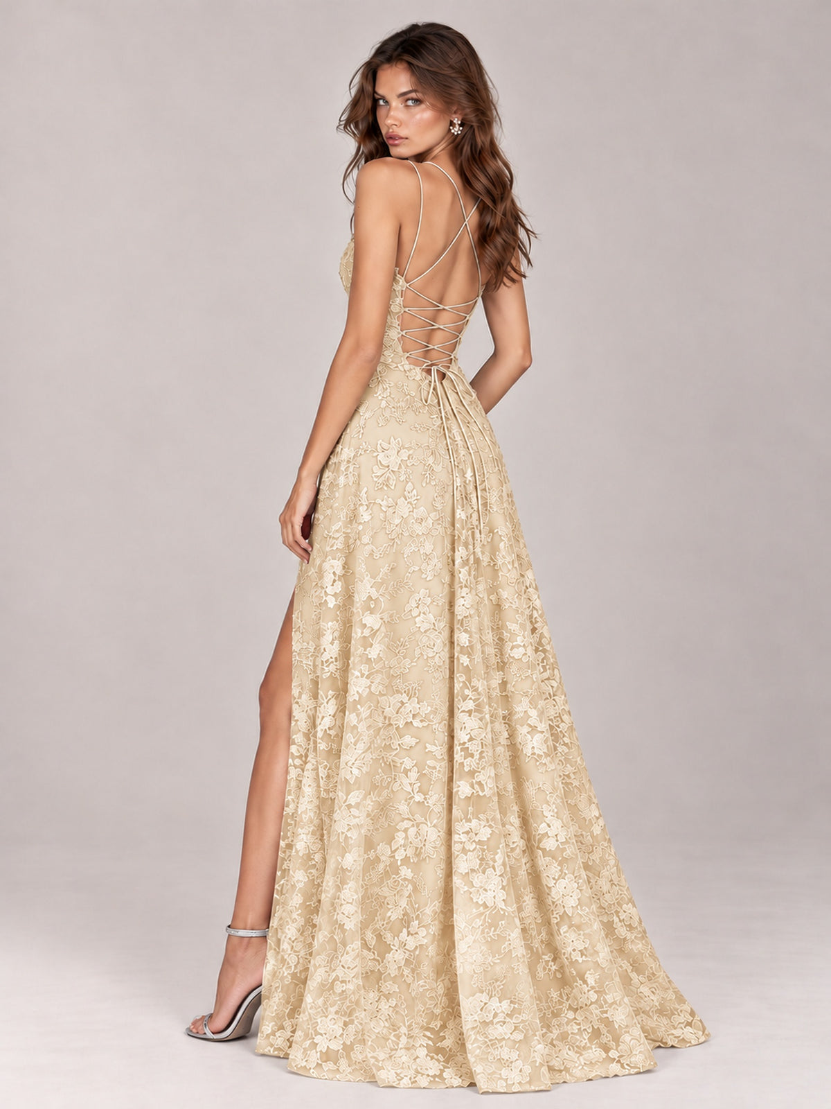 Floral Lace A-Line Prom Dress with Spaghetti Straps & High Slit