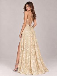 Floral Lace A-Line Prom Dress with Spaghetti Straps & High Slit