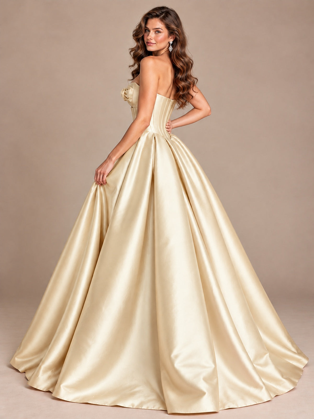 Pink Strapless Corset Satin Prom Derss & Ball Gown with 3D Floral