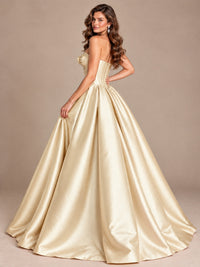Pink Strapless Corset Satin Prom Derss & Ball Gown with 3D Floral