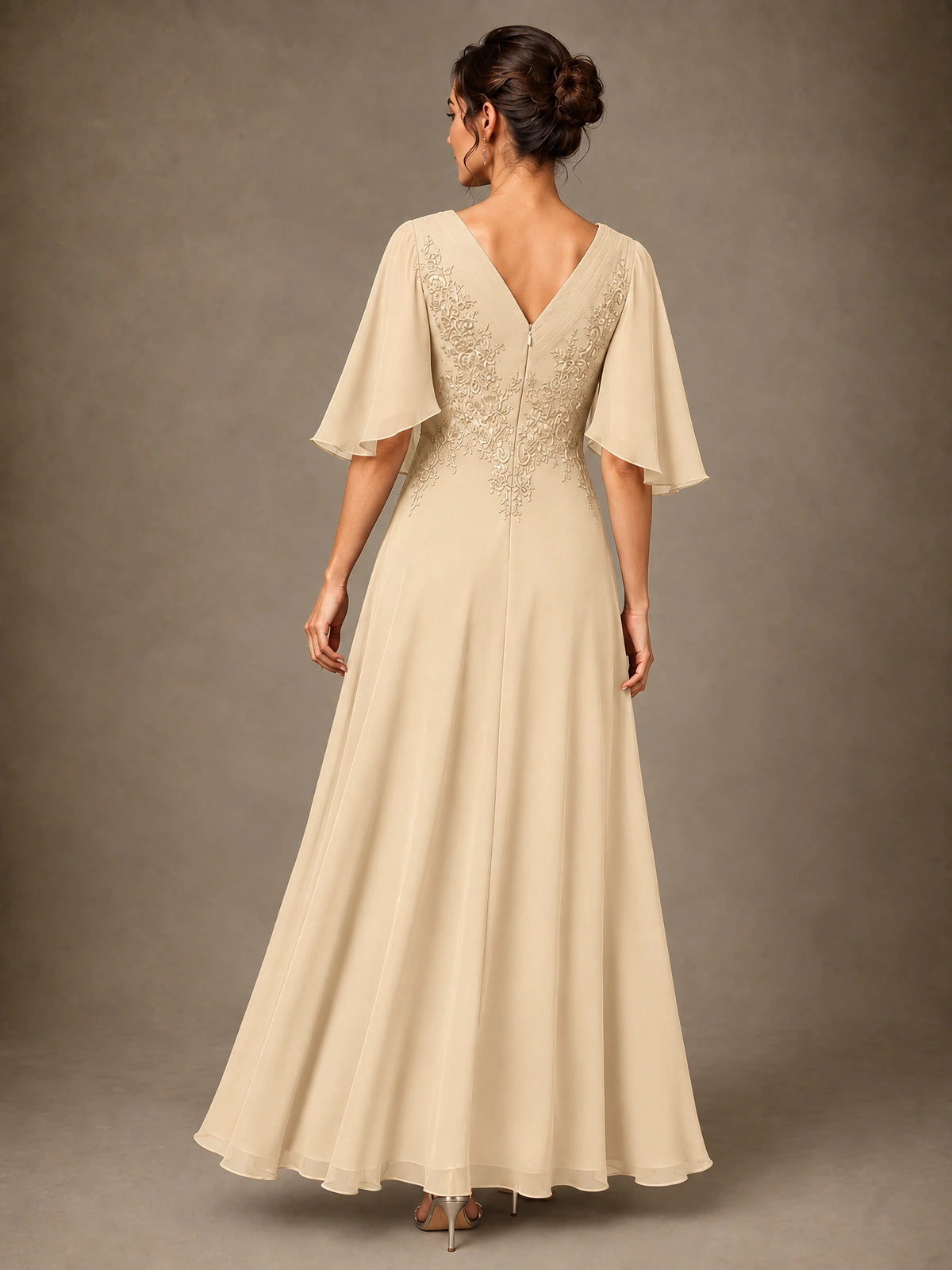 V-Neck Chiffon Lace Mother of the Bride Dress with Flutter Sleeves