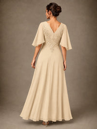 V-Neck Chiffon Lace Mother of the Bride Dress with Flutter Sleeves