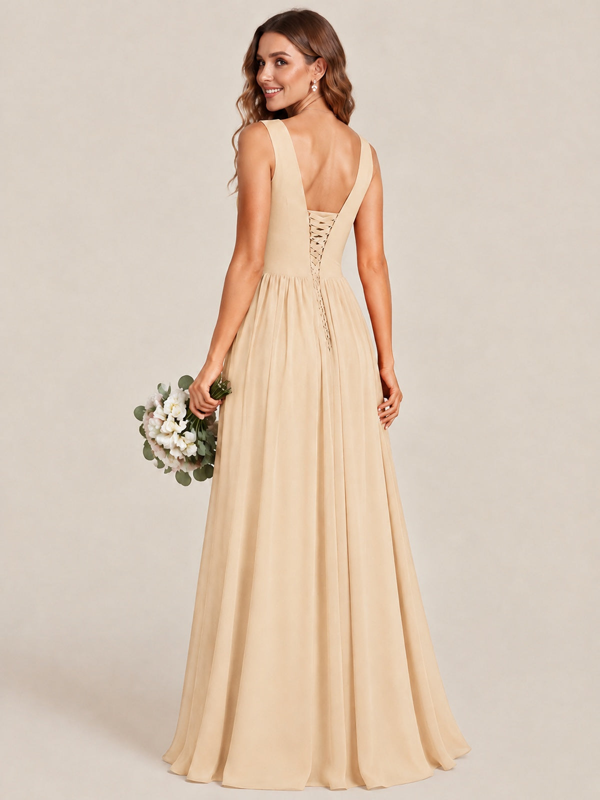 A-line Sleeveless Rucehd Chiffon Bridesmaid Dress with High Slit
