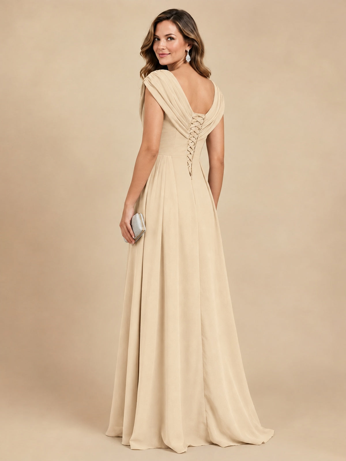 V Neck Pleated Mother of The Bride Dresses with Beading Cap Sleeves
