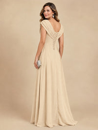 V Neck Pleated Mother of The Bride Dresses with Beading Cap Sleeves