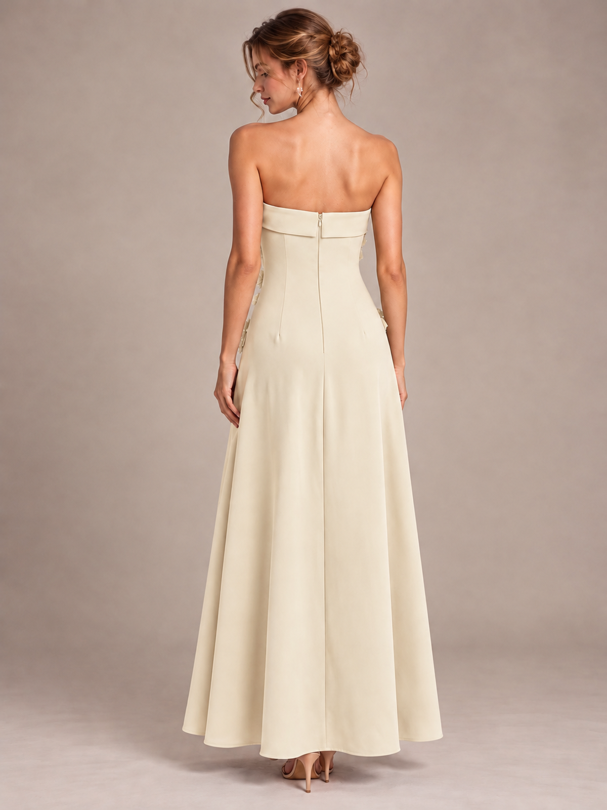 Yellow Strapless 3D Floral Appliques Maxi Dress