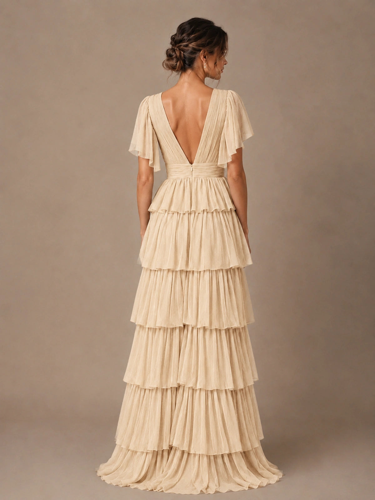 Chiffon V-Neck Tiered Ruffle Bridesmaid Dress with Slit