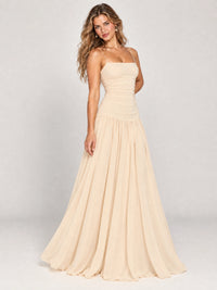 Butter Yellow Ruched Spaghetti Strap Drop-Waist Prom Dress