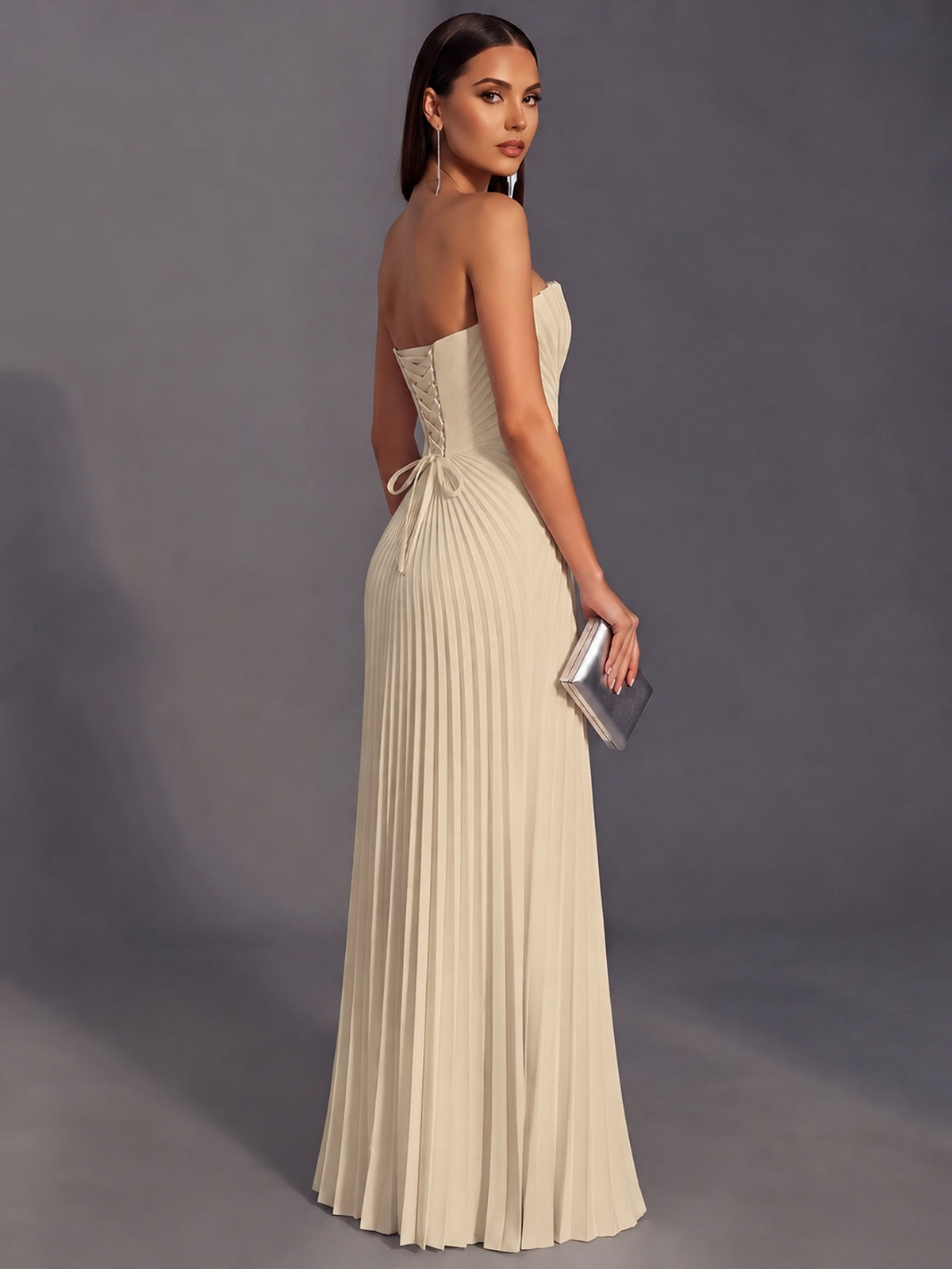 Strapless A-line Long Pleated Satin Prom Dress