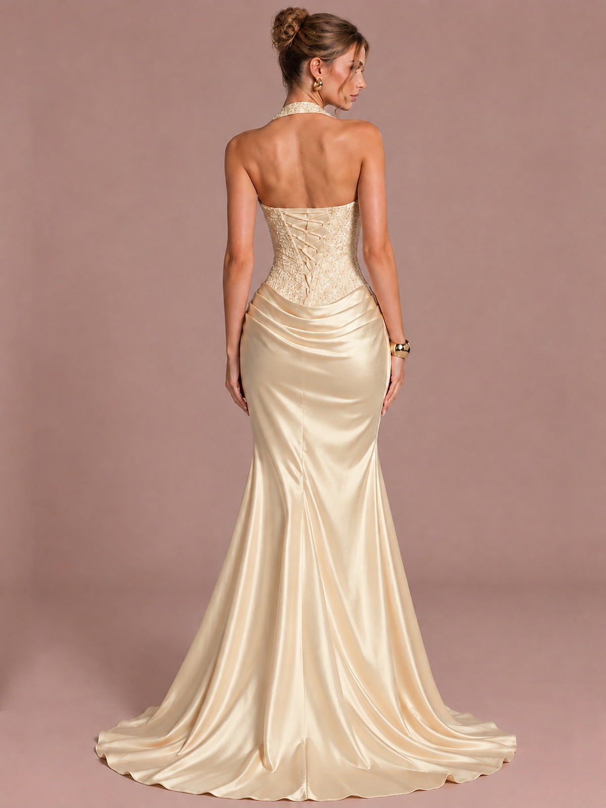 Sparkling Halter Corset Satin Mermaid Prom Dress