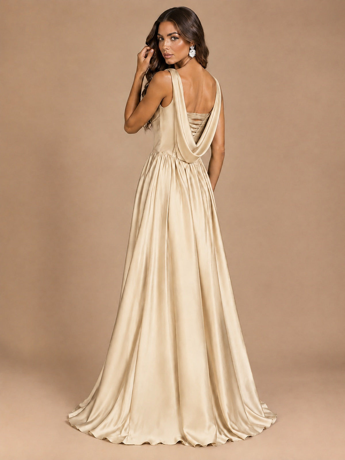 Cowl Neck Pleated Satin Prom Dress with Pockets & Slit Maxi Formal Gowns