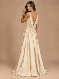 Cowl Neck Pleated Satin Prom Dress with Pockets & Slit Maxi Formal Gowns