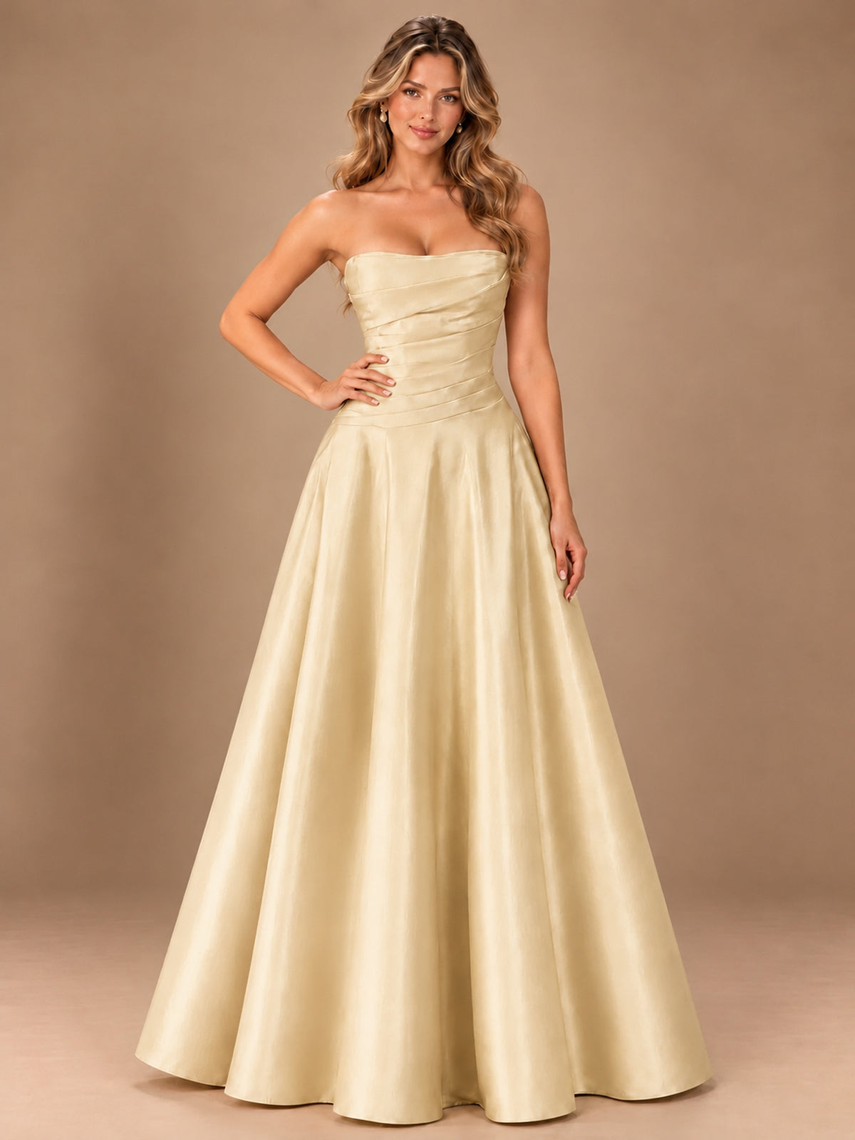 Blush Pink Strapless Satin A-Line Prom Dress with Ruched Bodice