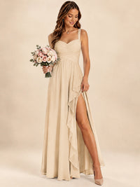 Spaghetti Straps Pleated Chiffon Bridesmaid Dress with Ruffle Slit