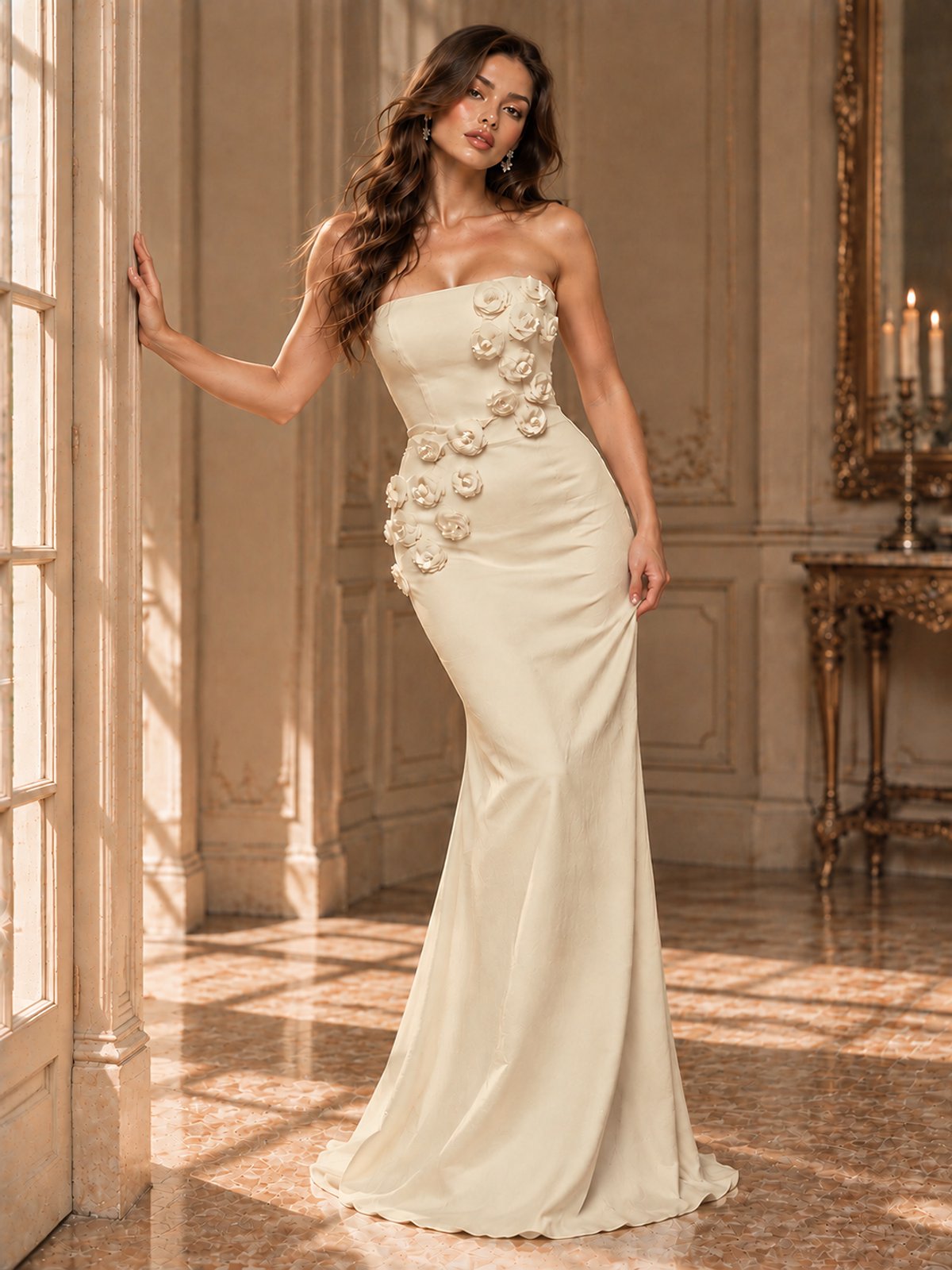 White Strapless Mermaid Maxi Dress with 3D Floral Appliques