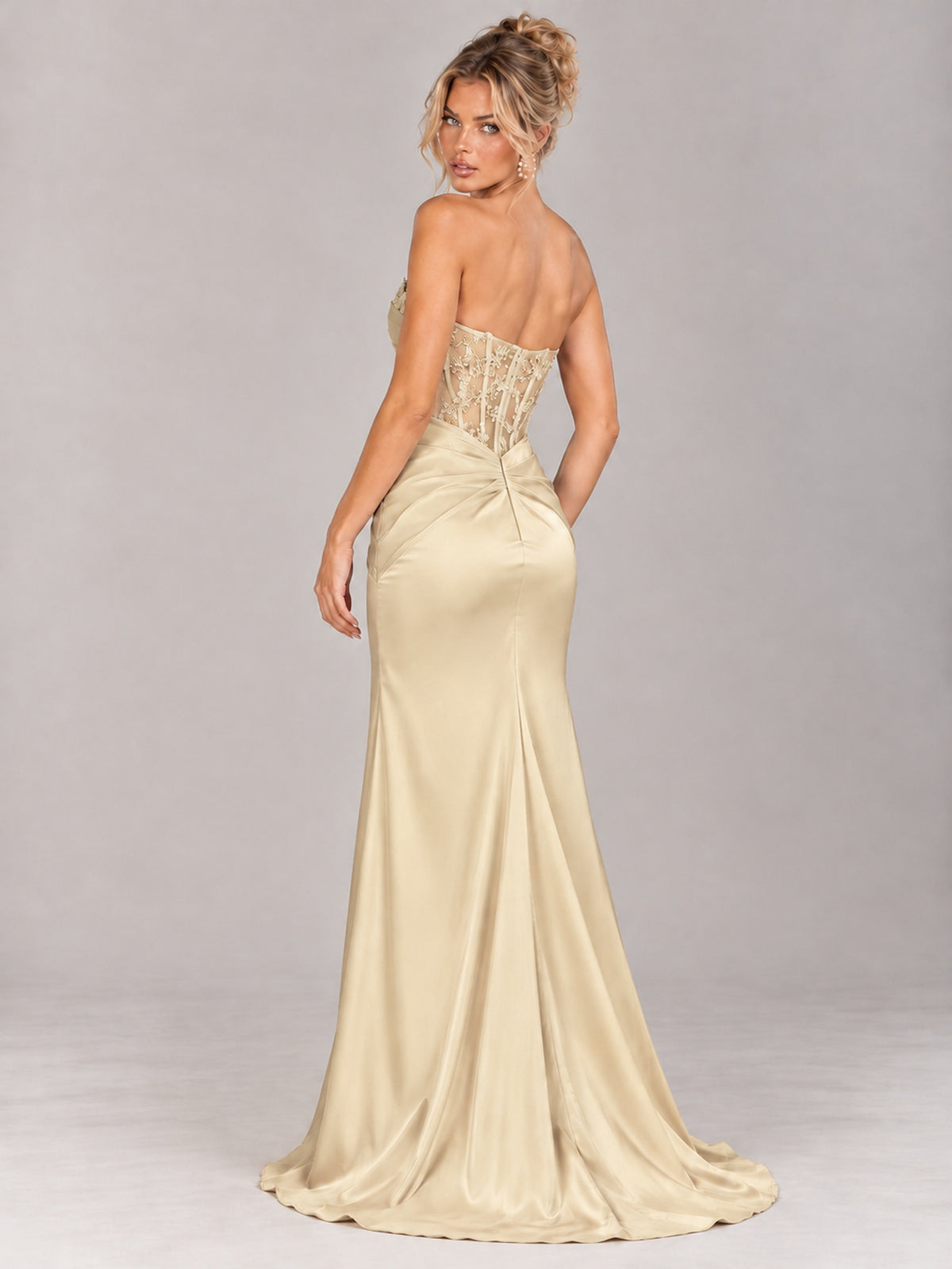 Strapless Satin Prom Dress with Sheer Lace Corset & High Slit