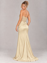 Strapless Satin Prom Dress with Sheer Lace Corset & High Slit
