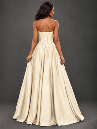 Draped Satin Prom Dress Strapless A-line Formal Dress Floor Length