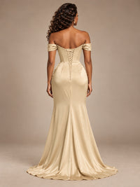 Burgundy Off-the-Shoulder Satin Corset Prom Dress with Slit