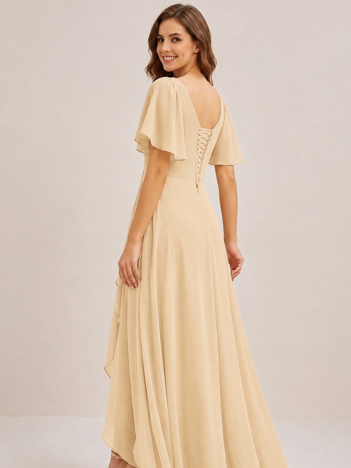 Dusty Blue Chiffon Bridesmaid Dress with Flutter Sleeves & High-Low Hem