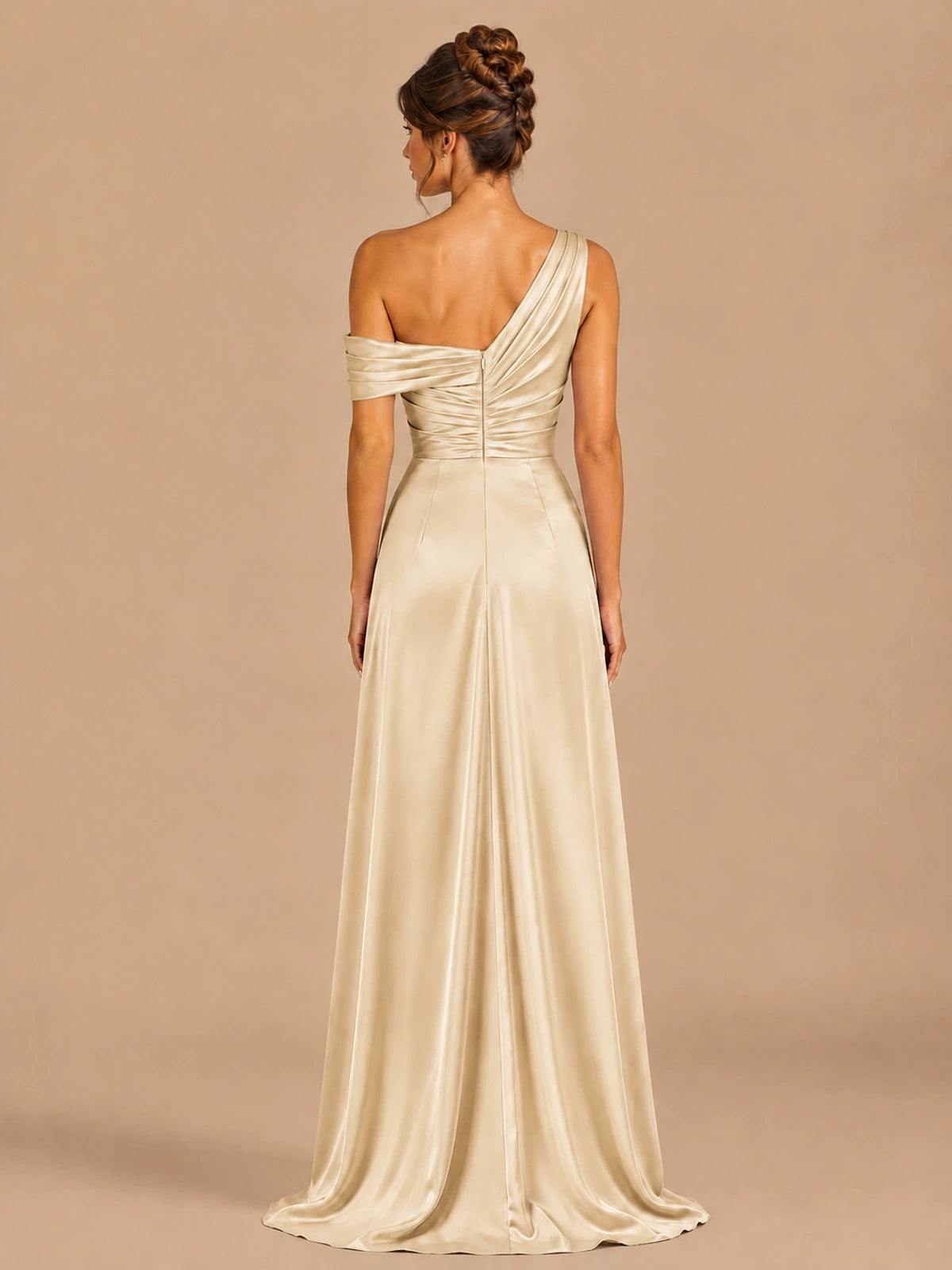 Satin One Shoulder Prom Dress Ruched Long Formal Evening Gown